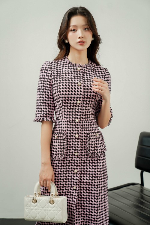 Sixdo Black & Pink Midi Tweed Dress